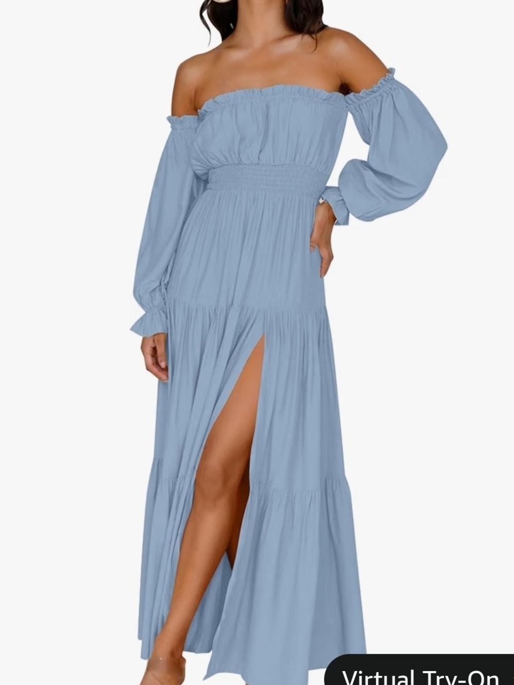 Off-Shoulder Light Blue Maxi Dress with Side Slit